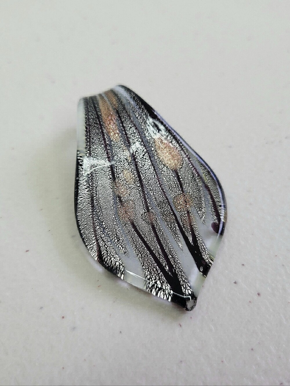 Art Glass Pendant Brown Silver Copper Black Glass Swirled Leaf Design.
